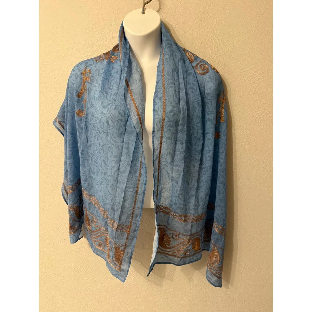 Soft Surroundings Blue Damask Scarf Copper Metallic Embroidered Wrap Rectangular